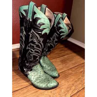 Botas Larry Mahan vintage años 80 turquesa y negro piel de avestruz para mujer talla 8 Foto 1 de 4