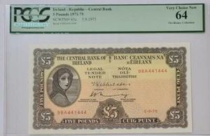 1975 Ireland Republic 5 Pounds PCGS64 UNC {P-65c} @ Fancy Series No.@ - Picture 1 of 4