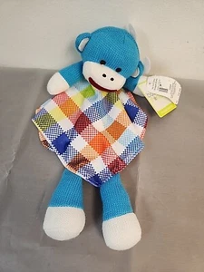 Baby Starters BLUE Sock Monkey Security Blanket Lovey Rainbow Plaid Rattle Knit - Picture 1 of 7