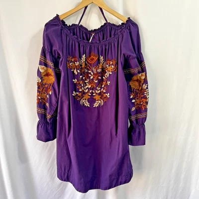 Mini Vestido FREE PEOPLE Grande Fleur du Jour Túnica Bordada Púrpura Boho Campesino Foto 1 de 4