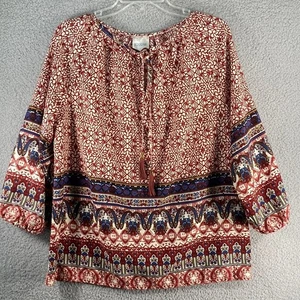 Bedford Fair Top Womens Medium Neck Tie Closure Burgundy Blue Boho Flowy Casual - Picture 1 of 8