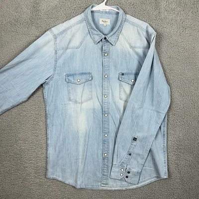 Pepe Jeans Shirt Denim Pearl Snap Button Up Mens XL Blue Flap Pocket Regular Fit - Image 1 of 4