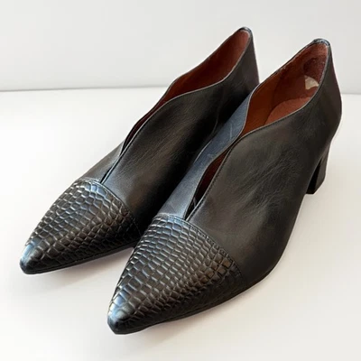 Hispanitas 黑色皮革高跟鞋 11 码尖头粗跟 42 西班牙 — 第 1/4 张图片