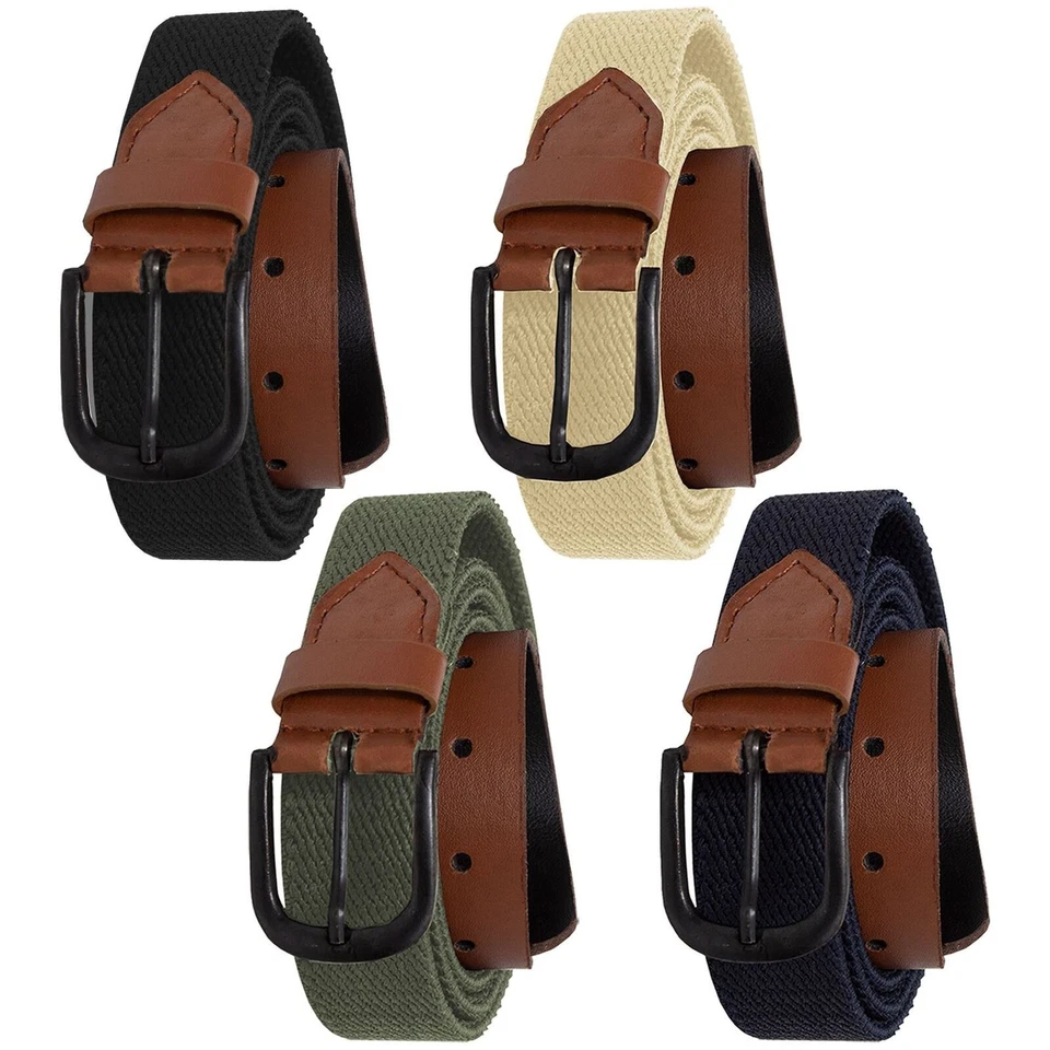 Enzo Extensible Ceinture Hommes Femmes à Élastique Toile PU Bordure Cuir Boucle - Photo 1/1