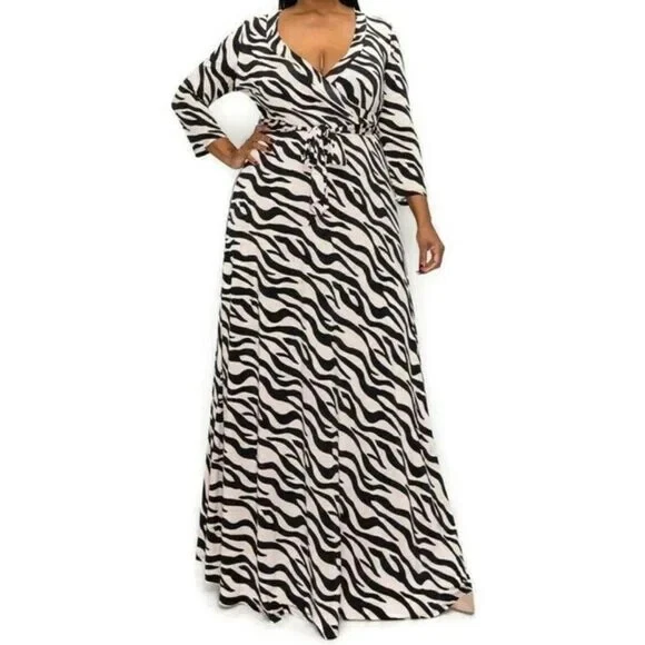 Maxi Vestido Janette Moda Negro Taupe Estampado Animal Imitación Envoltura Talla Plussa Foto 1 de 3