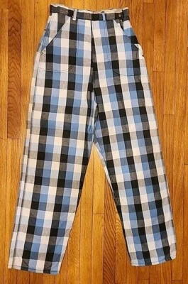 Pantalones deportivos vintage años 40 azul blanco negro a cuadros con cremallera lateral cintura alta Foto 1 de 4