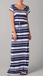Splendido Maxi Abito Grande Blu Bianco Righe Manica Corta Scollo Scoop Colonna - Foto 1 di 7