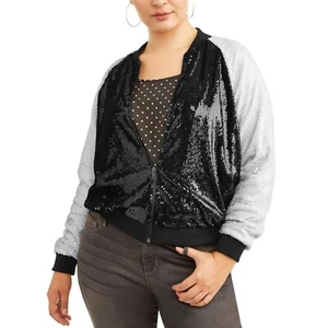 Chaqueta Bomber Paper Tee Colorblock Lentejuelas Mate Negra/Blanca Juniors Talla Grande 2X - Imagen 1 de 4