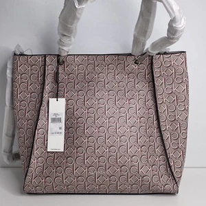 Calvin Klein Reyna XL Bucket Tote Crossbody Signature Logo Brown Red Leather NWT - Picture 1 of 10