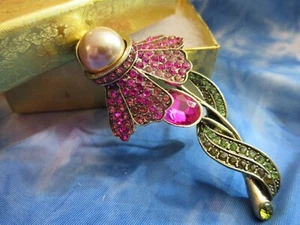 3" NWOT UNSIGNED STYLE PEARL RHINESTONE PINK ECHINACEA FLOWER BROOCH - Picture 1 of 6