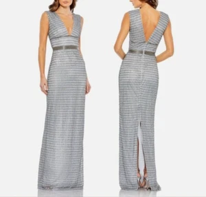 NWT Mac Duggal Silver Beaded Cap Sleeve Deep V-Neck Formal Evening Gown Sz 8 - Picture 1 of 12