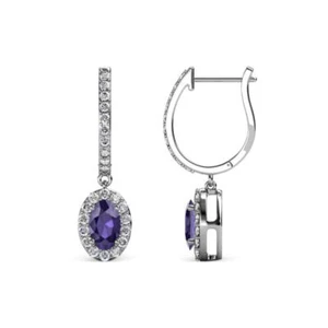 Oval Cut Iolite & Round Diamond Halo Drop & Dangle Earrings 14K Gold JP:192408 - Picture 1 of 10