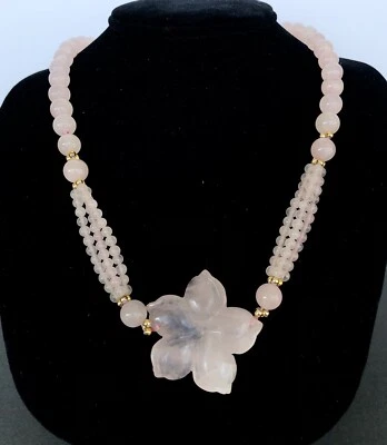 "Collar vintage de cuarzo rosa con cuentas diseño floral anudado a mano 30""" Foto 1 de 4