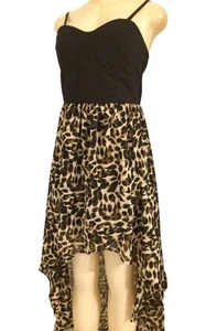 NWT Love Chesley Asymmetrical Hem Spaghetti Strap Brown Animal Print Dress SZ L - Picture 1 of 12