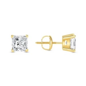 1.25 Ct Princess Lab Created Grown Diamond Earrings Studs 14K Yellow Gold F/VS - Picture 1 of 3