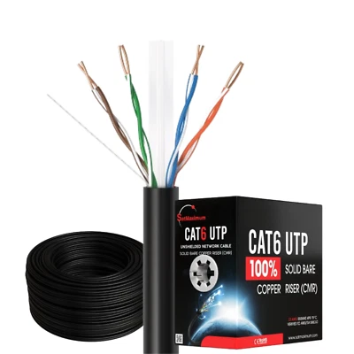 CAT6 1000ft Black ETL CMR 23 AWG Solid Copper Ethernet Network Cable - Image 1 of 4