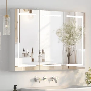 LED Lighted Medicine Cabinet 3 Doors Wall Mounted Bathroom Mirror with Storage - Picture 1 of 9