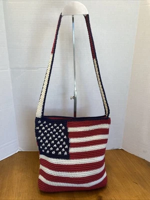 The SAK Cartera Bandera Americana Rojo Blanco Azul Crochet Tejido Bolso Estilo Años 90’s Cartera Foto 1 de 4