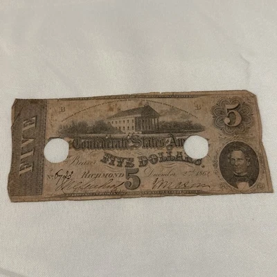 1862 $5 DOLLAR BILL, THE CONFEDERATE STATES OF AMERICA Richmond  - Image 1 of 4