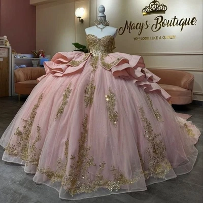 Vestidos de baile rosa Quinceanera ouro brilhante apliques de renda com miçangas doces 15 16 - Imagem 1 de 4