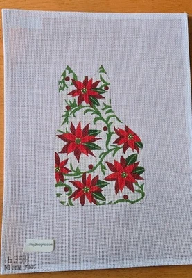 Christmas Hand Painted Needlepoint Canvas-Poinsettia Kitty Cat Silhouette-Rare - Image 1 of 4