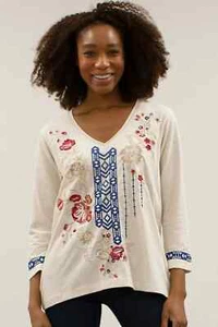 NWT Karyn Seo Kamri Knit Boho-Chic Artwork Embroidered V-Neck 3/4 Sleeve Shirt S - Picture 1 of 14