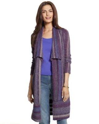 Chico's Cárdigan Suéter Plumero Largo Mixto Rayas M Nuevo Sin Etiquetas Gris Púrpura Metálico  Foto 1 de 4