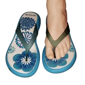 Melissa Grendene Teal and White Floral Thong  Platform Flipflop Slippers Size 7 - Picture 1 of 11