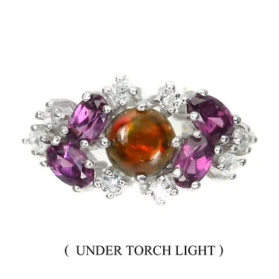 Anello In Argento Sterling 925 Con Opale Nero E Topazio Rodolite Gemma 8 - Immagine 1 di 4