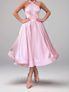 Champagne Gold Refined Bow Halter A-line Tea-Length Satin Dress - Picture 1 of 3