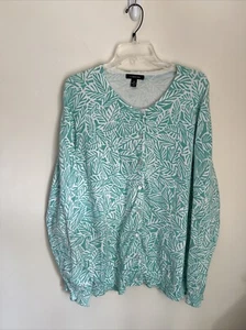 Land's End Women's 2X Long Sl Aqua & Ivory Button Up Cardigan Sweater - Pristine - Picture 1 of 8