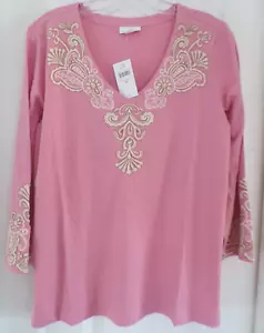 NWT NEW SPRING J. JILL MEDIUM EMBROIDERED V-NECK TOP PINK CREAM MULTI $79.00 - Picture 1 of 15