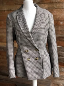 H&M UK8 Women’s Brown, Black and Cream Checked Blazer Double Breasted pre-owned - Picture 1 of 15