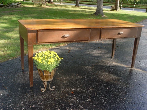 19th c. Pine and old paint Harvest table with 2 deep drawers Cover
