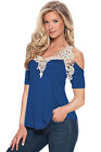 Hot Fashion Crochet Detail Blue Cold Shoulder Short Sleeve Top Small