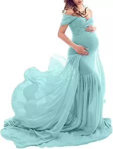Maternity Off Shoulder Chiffon Gown for Baby Shower Maxi Photography Dress - Picture 1 of 23