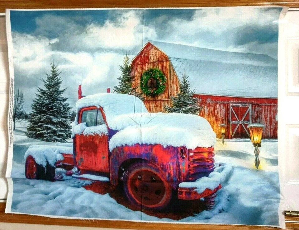 Snowy Red Truck w/Red Barn & Wreath Digitally Print Panel by David Textiles btp - Image 1 of 1