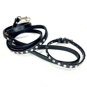 Crystal Studded Black Leather Collar and Leash - Picture 1 of 5