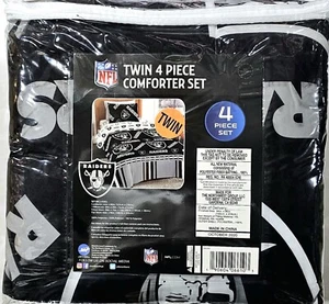 Raiders NFL Twin 4 Piece Comforter Set Fitted Flat And Pillowcase Black White - Picture 1 of 1