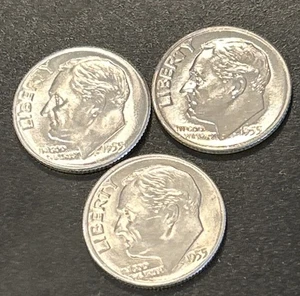 Moneda de diez centavos Roosevelt 1955-1955d-1955s -Juego sin circular - 90 % plata👍 baja acuñación - - Imagen 1 de 8