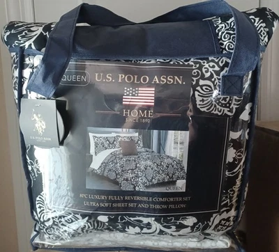 U.S. Polo Assn. 8 Pieces Bedding Set, Bed in a Bag Size Queen Black/White New!! - Image 1 of 4
