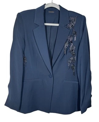 Elie Tahari Size 10 Blazer Sky Captain Navy Crepe Beaded Embellished Jacket $475 - Image 1 of 4