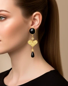 Orecchini lunghi 4" smaltati cuori a cascata strass smalto nero traforati - Foto 1 di 4