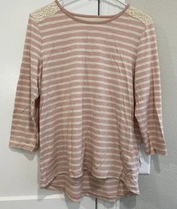Talbots M gestreift Spitzenbesatz Pull Over Tee Top 3/4 Ärmel hoch niedrig dehnbar weich - Bild 1 von 8