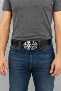 Handmade Black Leather Belt with Geometric Silver Buckle – Custom Siz - Picture 1 of 4