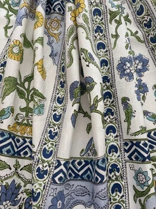 THIBAUT "INDIAN PANEL/Blue&Yellow" Stylized florals/Birds-Linen-$279-51"x91"L - Picture 1 of 12