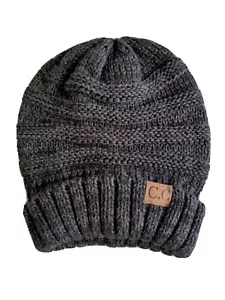 New CC Beanie Womens Cap Hat Skully Unisex Slouch black gray Cable Knit Beanie - Picture 1 of 11