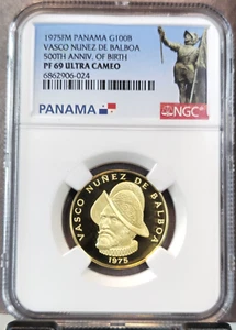 1975 PANAMA GOLD 100 BALBOAS VASCO NUNEZ NGC PF 69 ULTRA CAMEO GREAT GEM PROOF - Picture 1 of 3