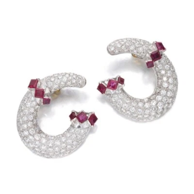 Square Shape Rubies & White Simulated Sapphires Crescent Earrings In 935 Silver - Image 1 of 4