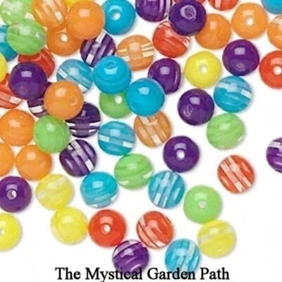 100 Assorted Stripe 6mm Round Resin Beads Mixed Colors * - Image 1 of 2